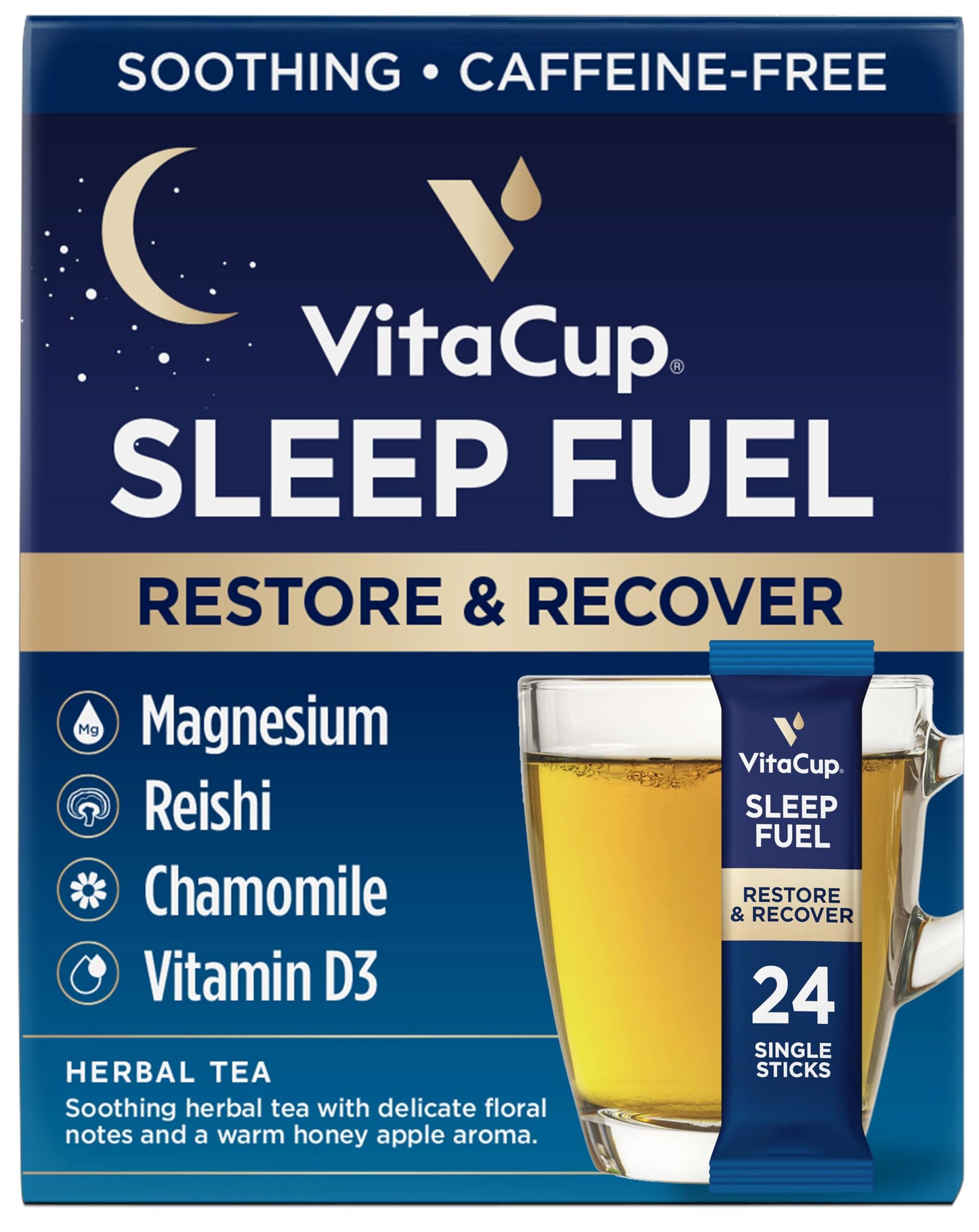 VitaCup Sleep Fuel Instant Tea Packets for Deep REM Sleep, Relax & De-Stress w/Chamomile, Magnesium, Vitamin D3, Coconut Water, 