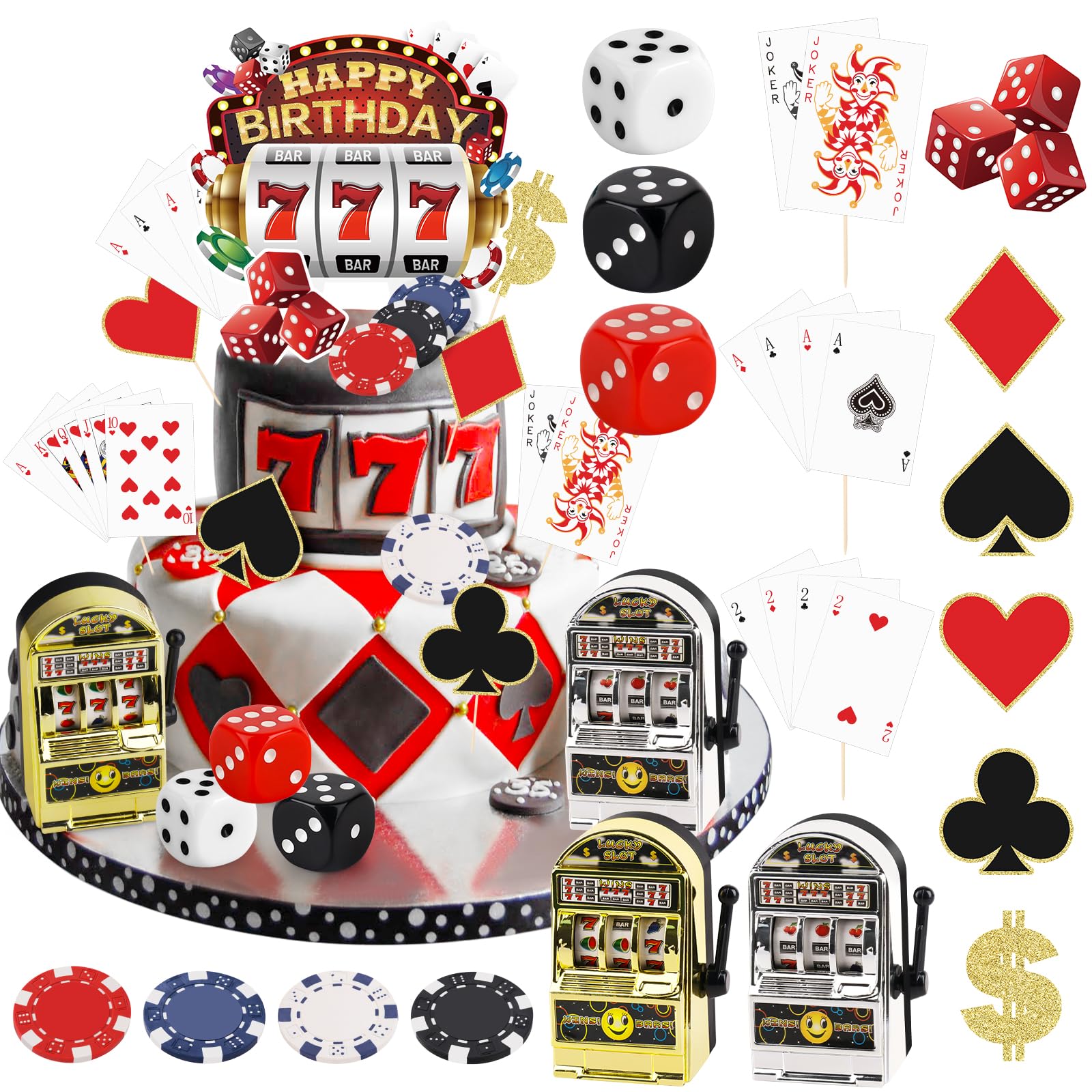 Atiloy Casino Cake Topper Set - 24 Pieces, Mini Toy Slot Machine, Small, Plastic, Red/Black/White