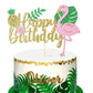 Trelsan Golden Glitter Happy Birthday Cake Topper, Flamingo Palm Leaf Pineapple Cake Topper, Hawaii Theme Birthday Party Supplie