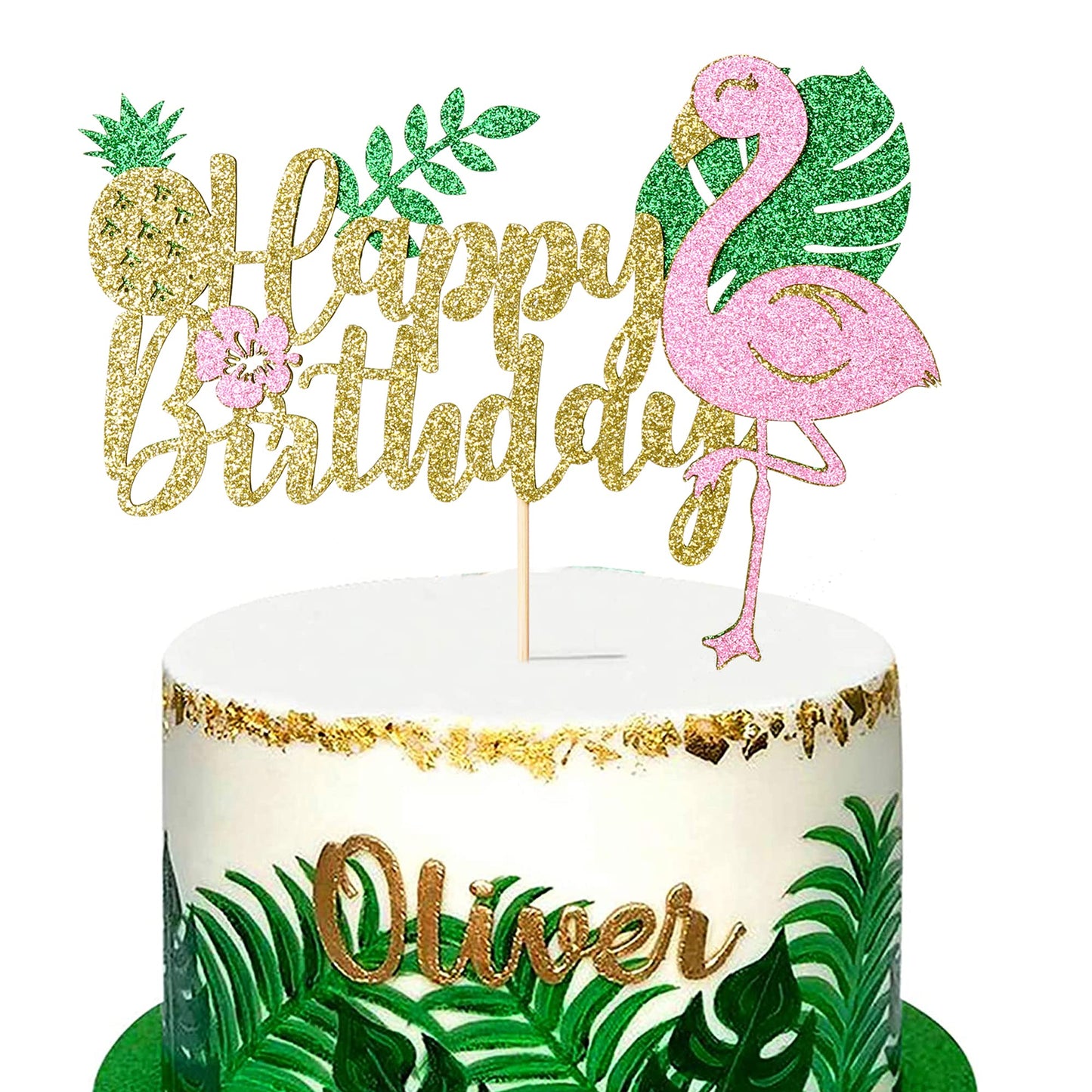 Trelsan Golden Glitter Happy Birthday Cake Topper, Flamingo Palm Leaf Pineapple Cake Topper, Hawaii Theme Birthday Party Supplie