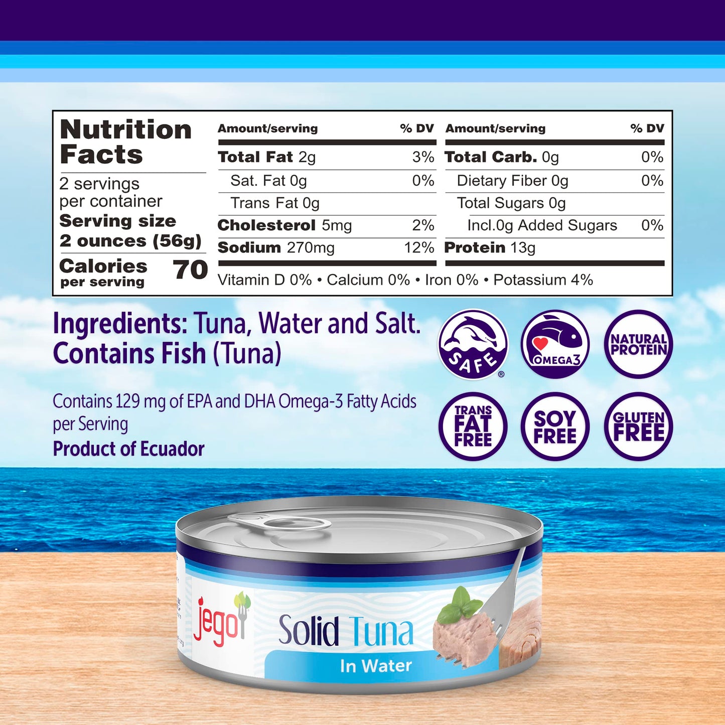 JEGO Solid Tuna in Water, Keto, Low Carb, Gluten Free, 5oz Can, Pack of 6