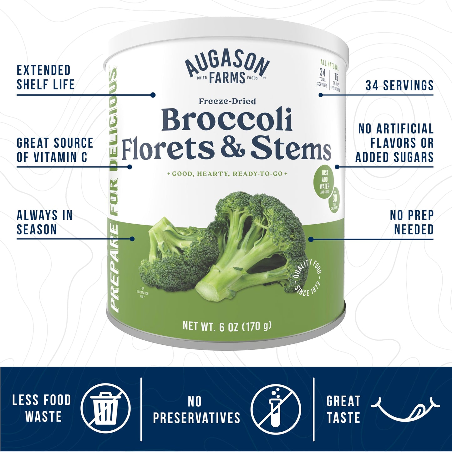 Augason Farms Freeze Dried Broccoli Florets & Stems 7 Oz No. 10 Can