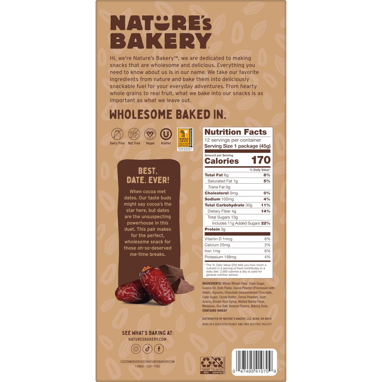 Natures Bakery Double Chocolate Brownie Bars, Whole Grains, Dates, and Cocoa, Plant Based, Dairy-Free, Snack Bar, 7 boxes with 1