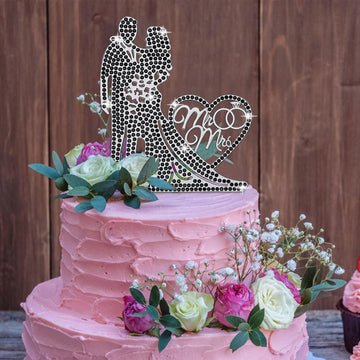 Jaciya Mr And Mrs Cake Topper With Black Rhinestone Bride And Groom, Black Wedding Decorations