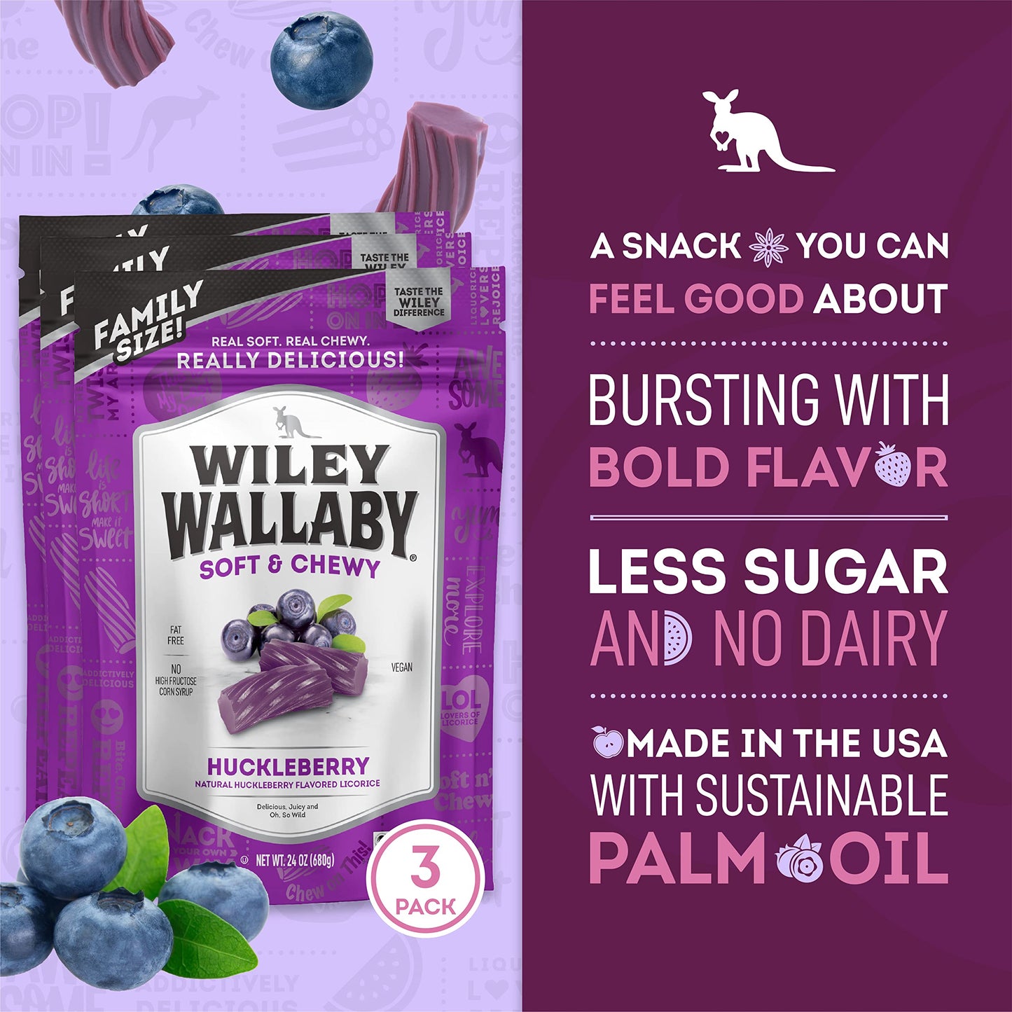 Wiley Wallaby Licorice 24 Ounce Classic Gourmet Soft & Chewy Australian Huckleberry Licorice Candy Twists, 3 Pack
