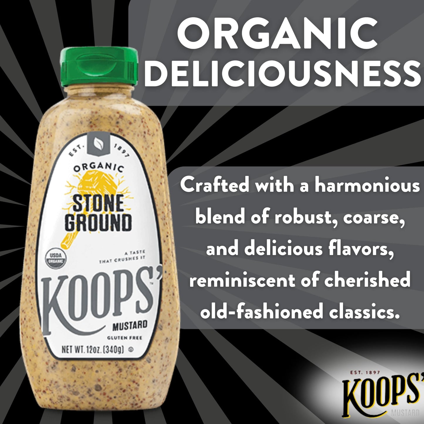 KOOPS Organic Stone Ground Mustard, Gluten-Free, Kosher, Non-GMO, 12 Oz, Pack of 4, Brown