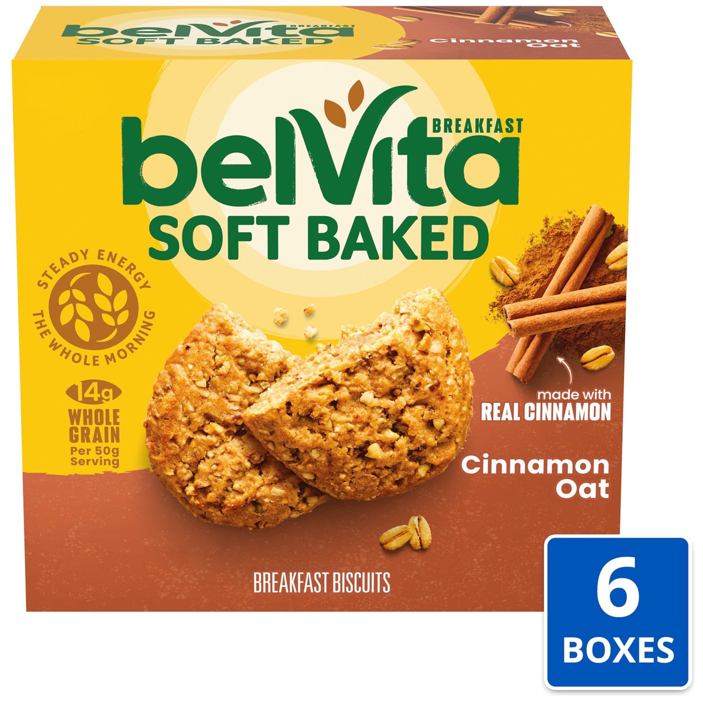 Belvita Soft Baked Cinnamon Oat Breakfast Biscuits, Chewy Breakfast Bars, 6 Boxes Of 5 Packs (1 Biscuit Per Pack)