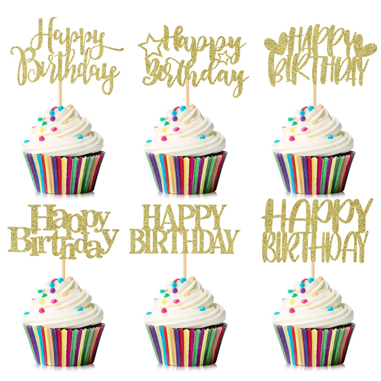 36Pcs Happy Birthday Cupcake Toppers Glitter Birthday Cake Pick Decorations For Birthday Party Anniversary Celebration, Gold