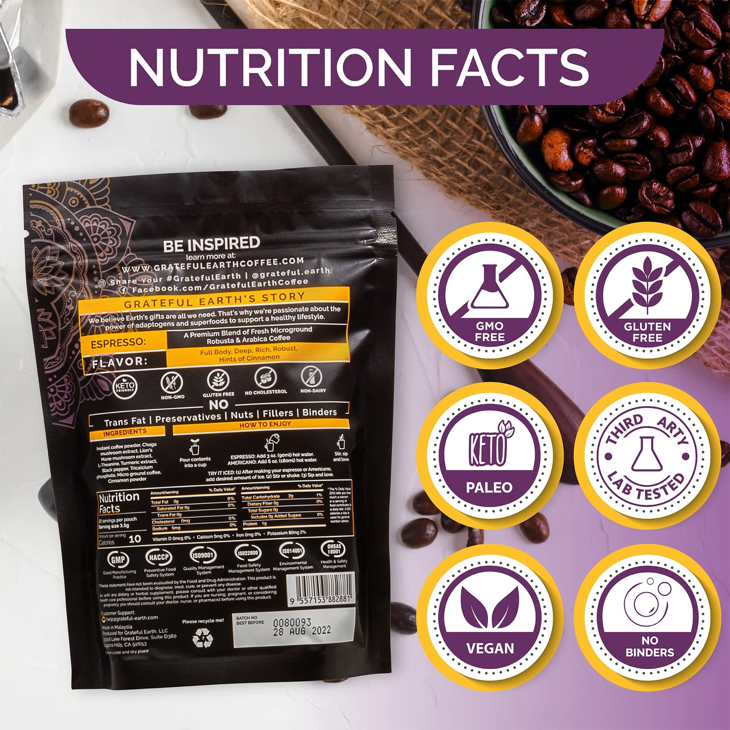 Grateful Earth Mushroom Coffee  Espresso Instant Coffee with Cinnamon  Turmeric  Lions Mane Mushrooms  L-Theanine  Chaga Super Brain Blend  Energy & Immune Support  Dairy & Gluten Free  2 Bags  40 Ct