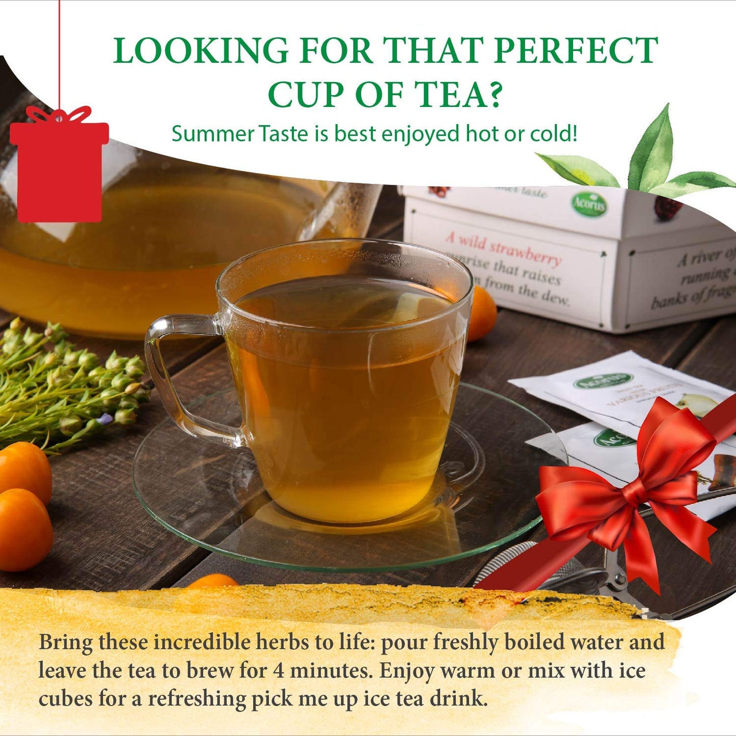 Acorus Summer Taste Tea Set | Perfect For Making Iced Tea | Natural Assorted Tea Hamper Box Gift Set | Large Selection Box 60 Te