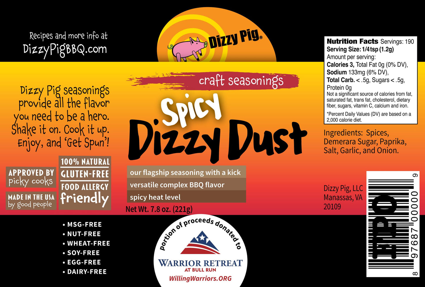 Dizzy Pig All-Purpose Barbecue Seasoning Rub, Spicy Dizzy Dust, 8oz Shaker, MSG Free, Gluten Free