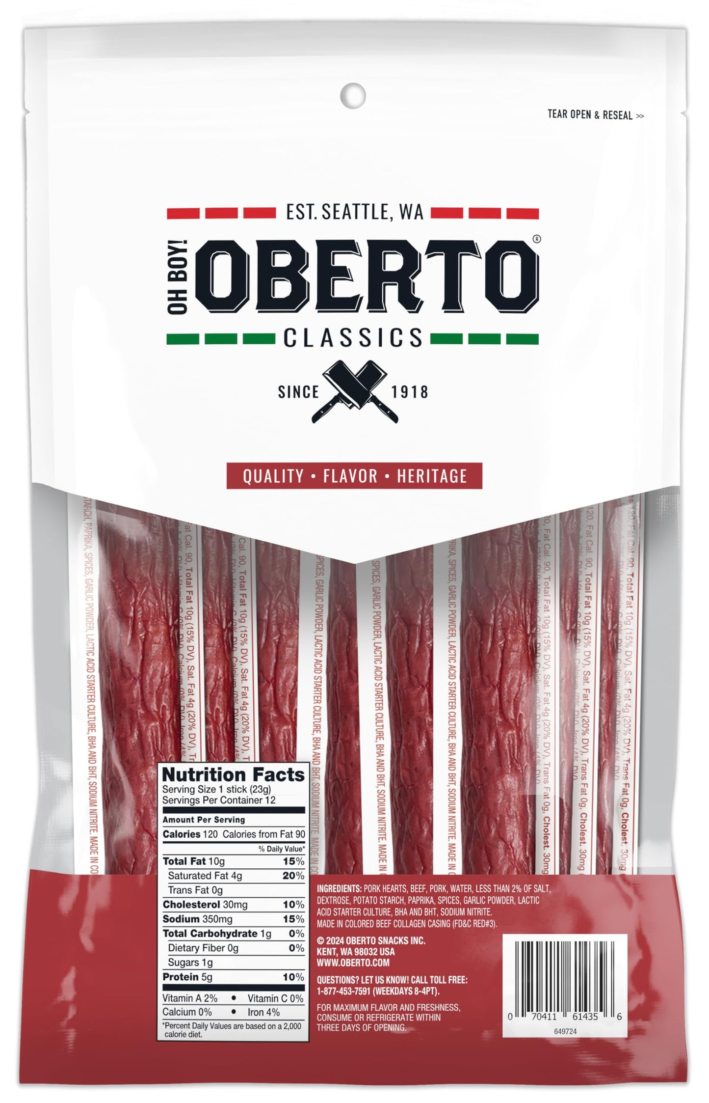 Oberto Beef & Pork Smoked Sausage Sticks, Peperoni Style, 0.8 Ounce (Pack of 12)