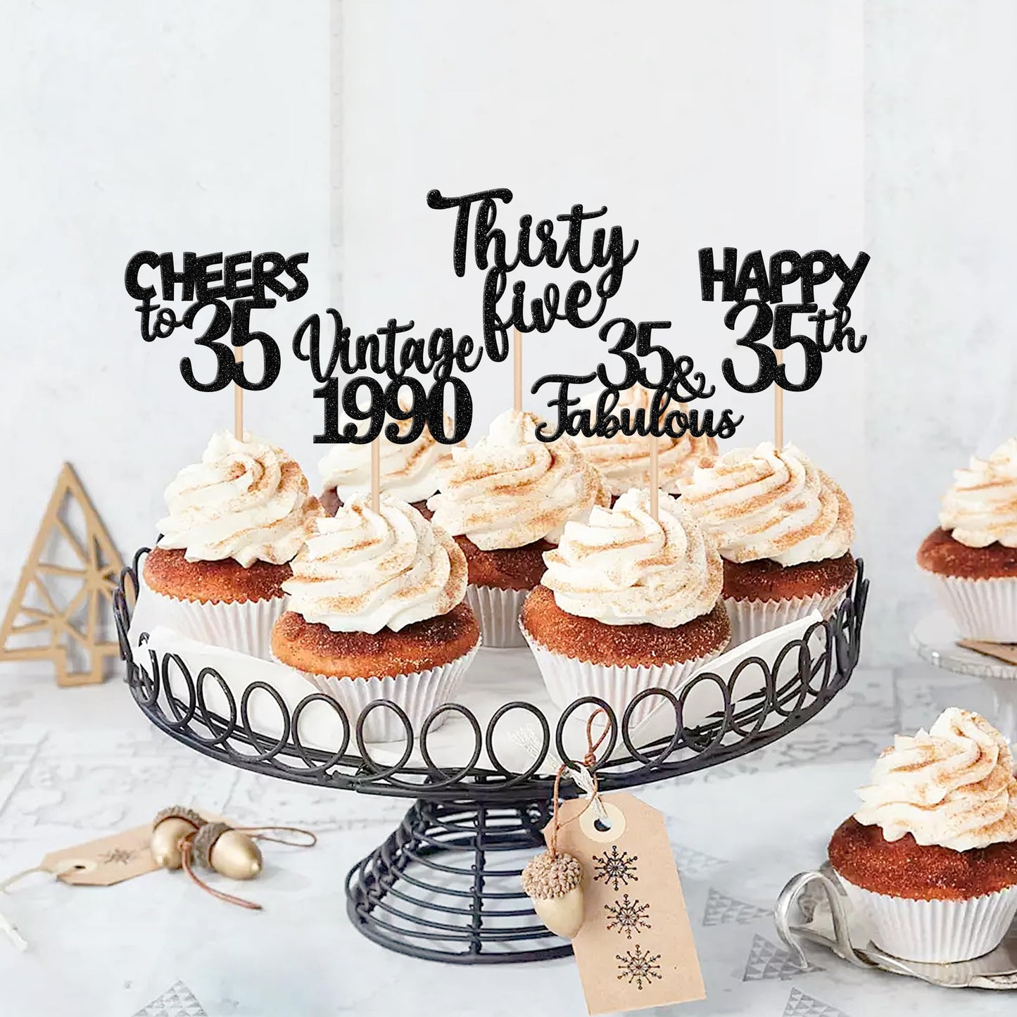 30Pcs Happy 35Th Birthday Cupcake Toppers Glitter Thirty Five Vintage 1988 Cupcake Picks 35 Fabulous Cheers To 35 Years Cake Dec