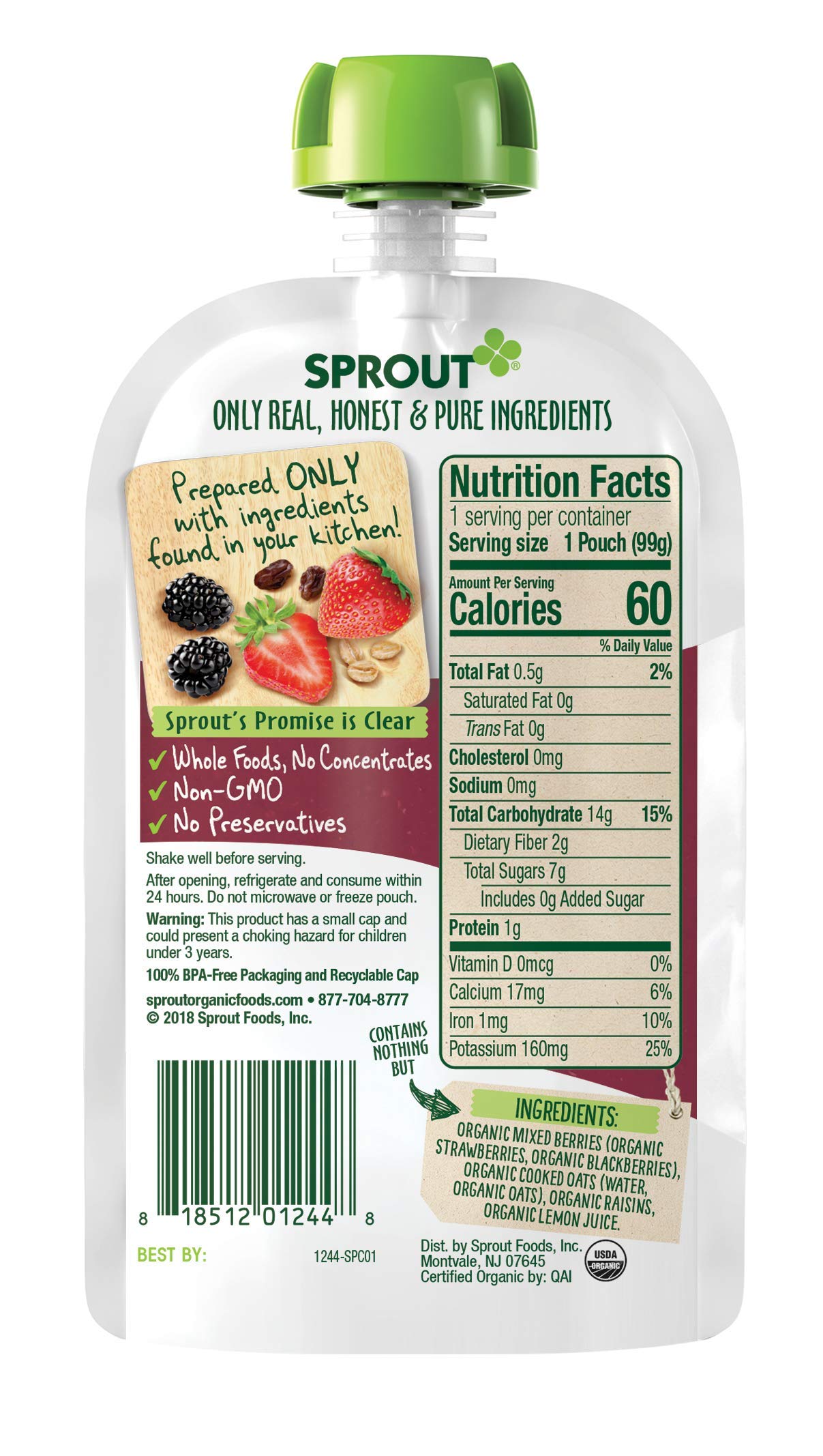 Sprout Organic Baby Food, Stage 2 Pouches, Fruit Veggie & Grain Blend, Mixed Berry Oatmeal, 3.5 Oz Purees (Pack Of 6)