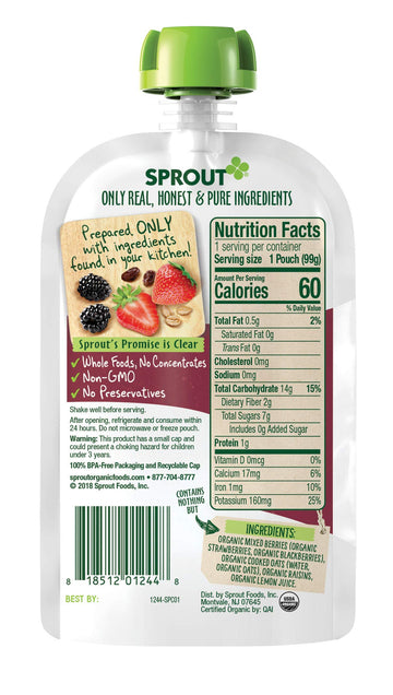 Sprout Organic Baby Food, Stage 2 Pouches, Fruit Veggie & Grain Blend, Mixed Berry Oatmeal, 3.5 Oz Purees (Pack Of 6)