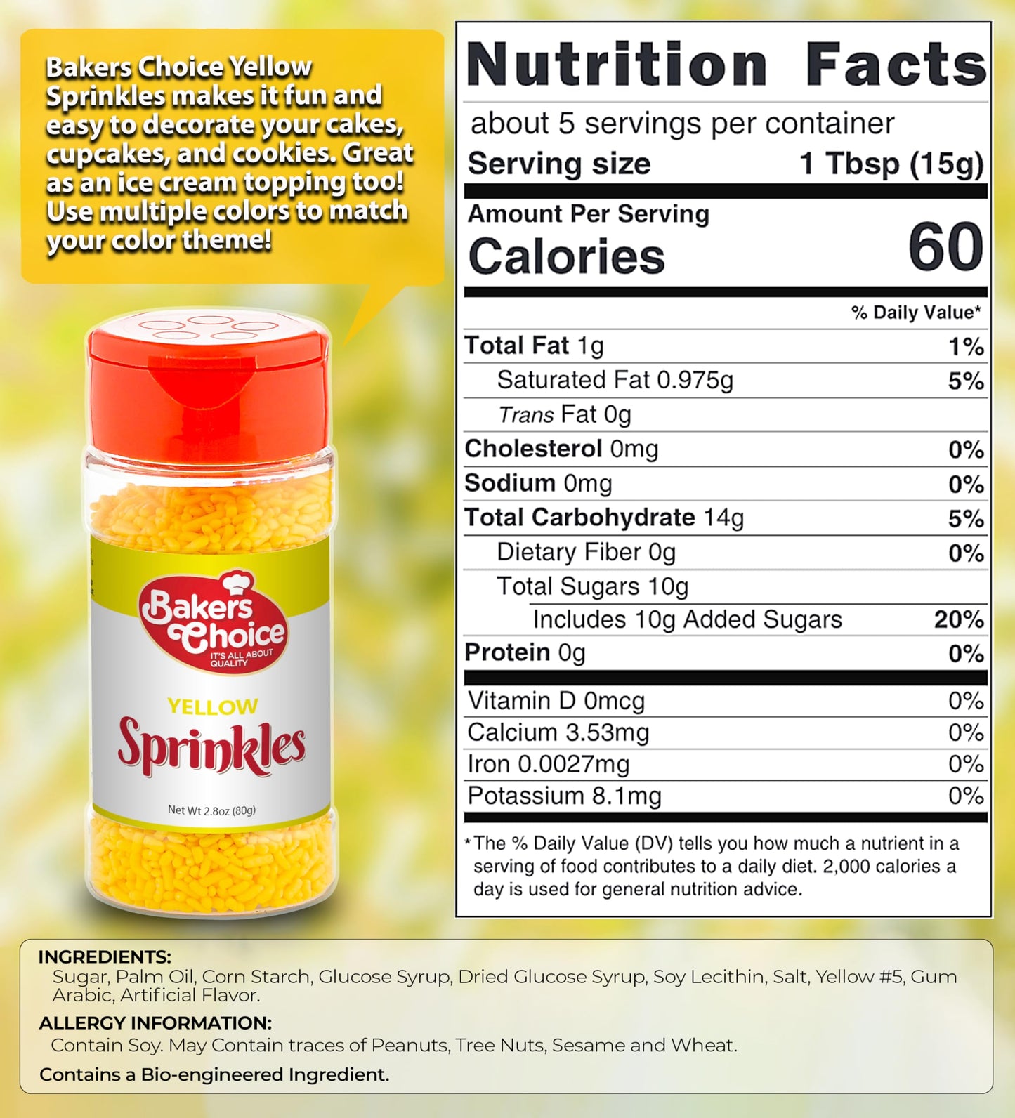 Bakers Choice Yellow Sprinkles For Baking - Jimmies Sprinkles For Ice Cream Toppings - Dairy Free, Kosher 2.8 Oz.