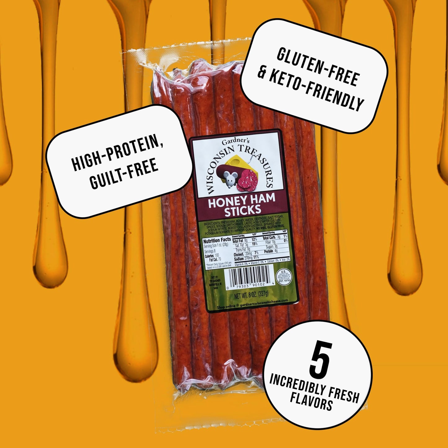 Gardners Wisconsin Cheese, Meat Sticks (1 Ounce Sticks, Pack of 8) - Honey Ham Flavor, Low Carb Snack, Does Not Require Refrige