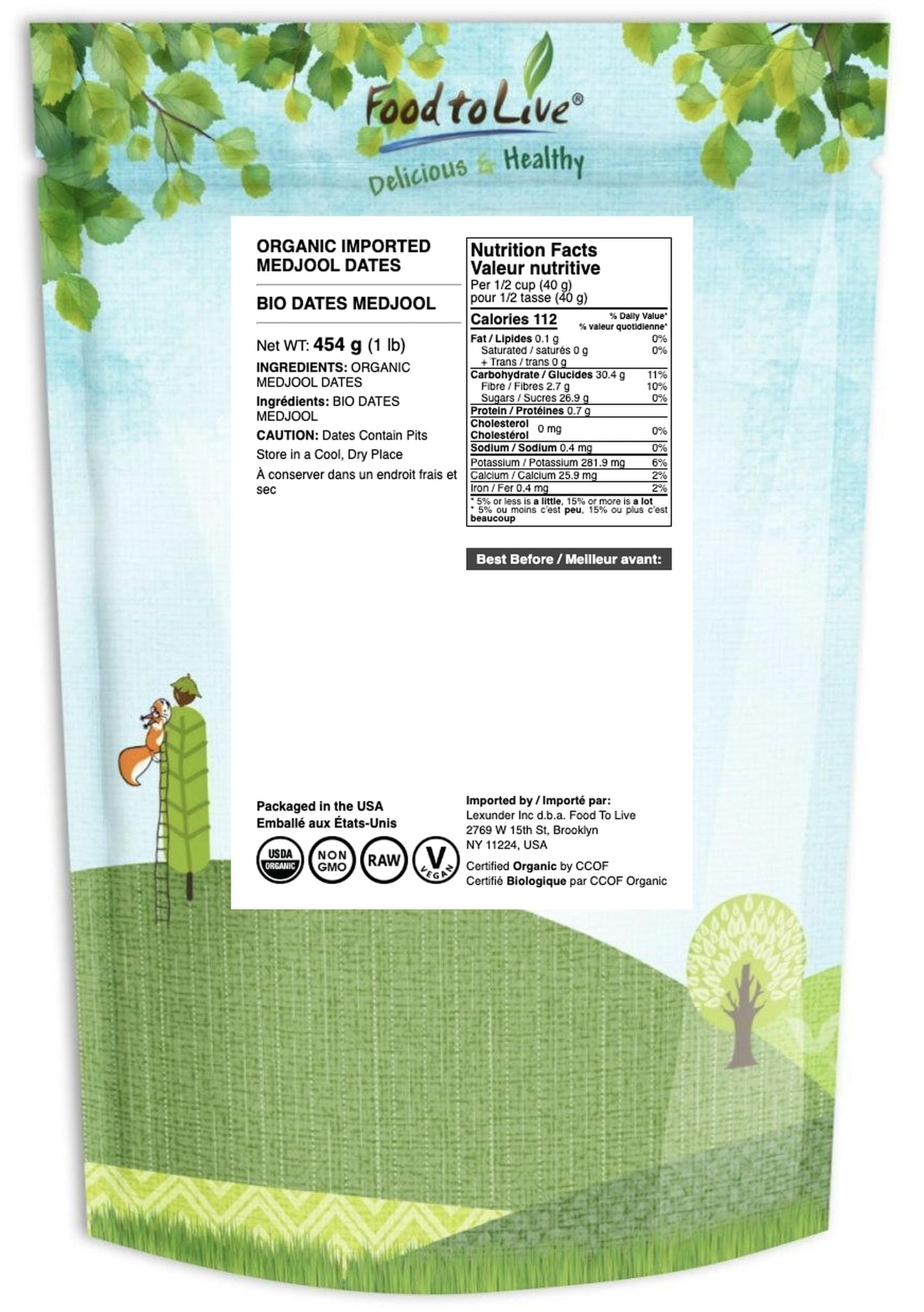 Food to Live - Organic Medjool Dates, 1 Pound Non-GMO, Whole Dried Dated with Pits, Large Size, Unsweetened, Unsulphured, Vegan,