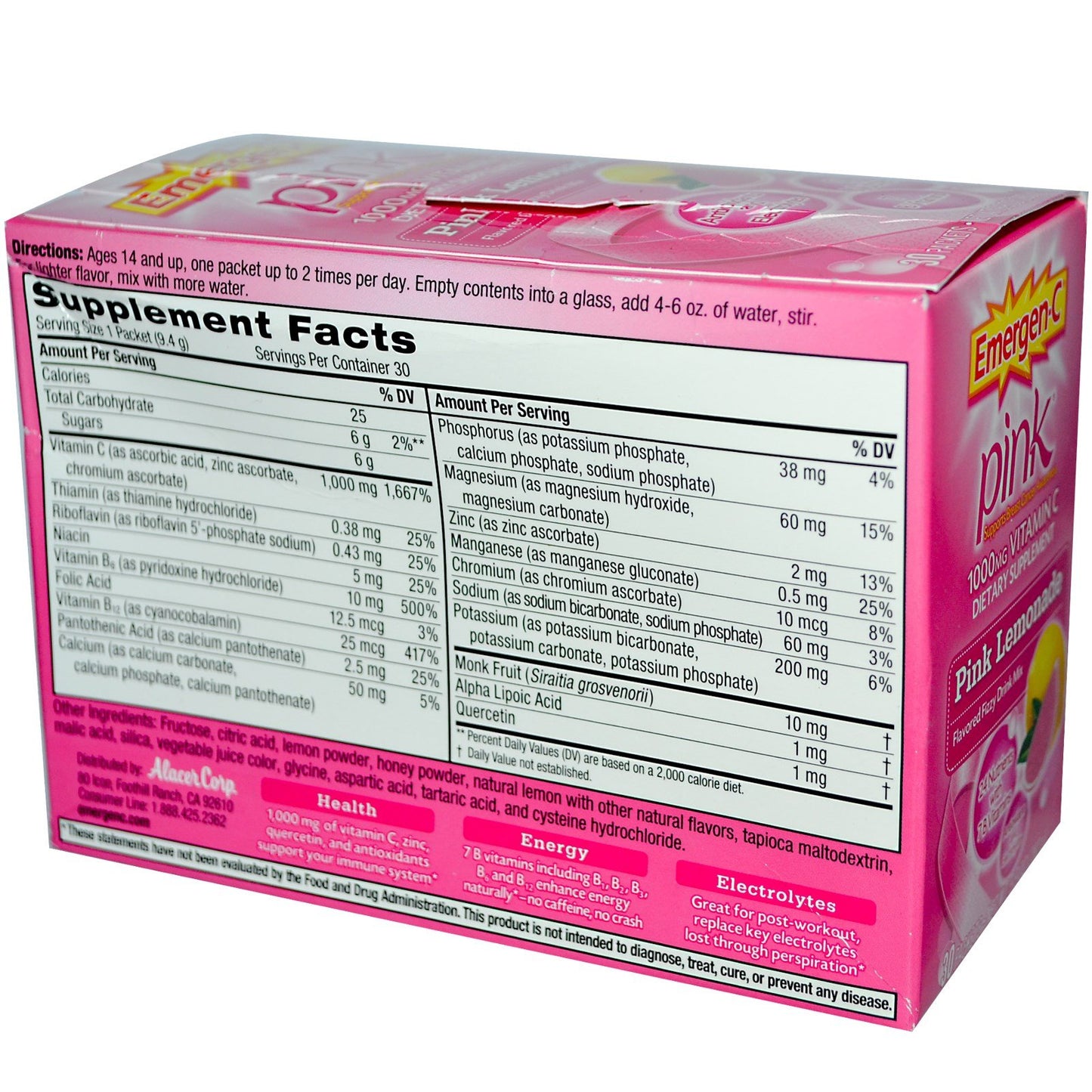 Emergen-C Health and Energy Booster Pink Lemonade - 30 Packets, 9.9 OZ (282g)