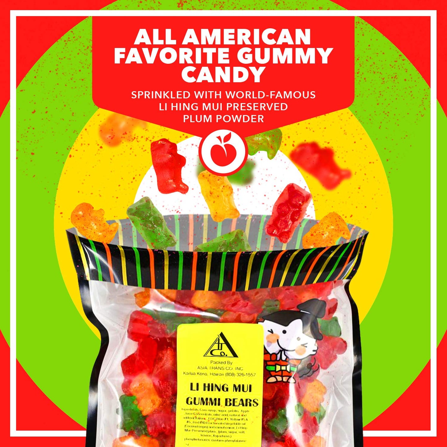 Asia Trans Gummy Bears with Li Hing Mui Plum Powder, 18 oz, Multicolor, Soft & Delicious Candy