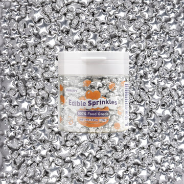 Dazzjoy Edible Silver Star Sugar Sprinkles, 4.23Oz, Mix Size, Candy Star Sprinkles For Cake Decorations And Cupcake Toppers, Ice