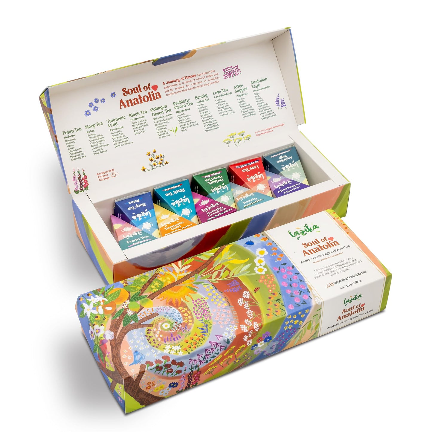 LAZIKA Tea Variety Pack - Black, Green & Herbal Tea Sampler Gift Set, 10 Counts, Premium Collection with Pyramid Infuser Bag