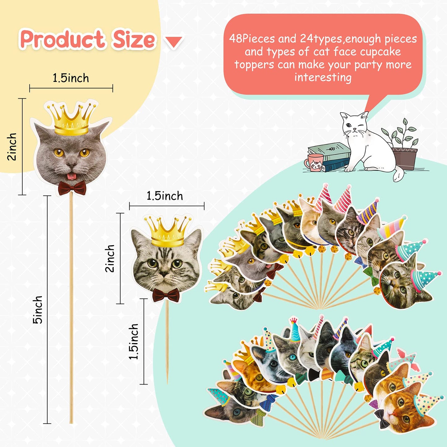 Outus Cat Face Cupcake Toppers - 48 Pieces, Paper, Gray Pink White Black, Cute Cat Head Toothpicks for Birthday Party Supplies