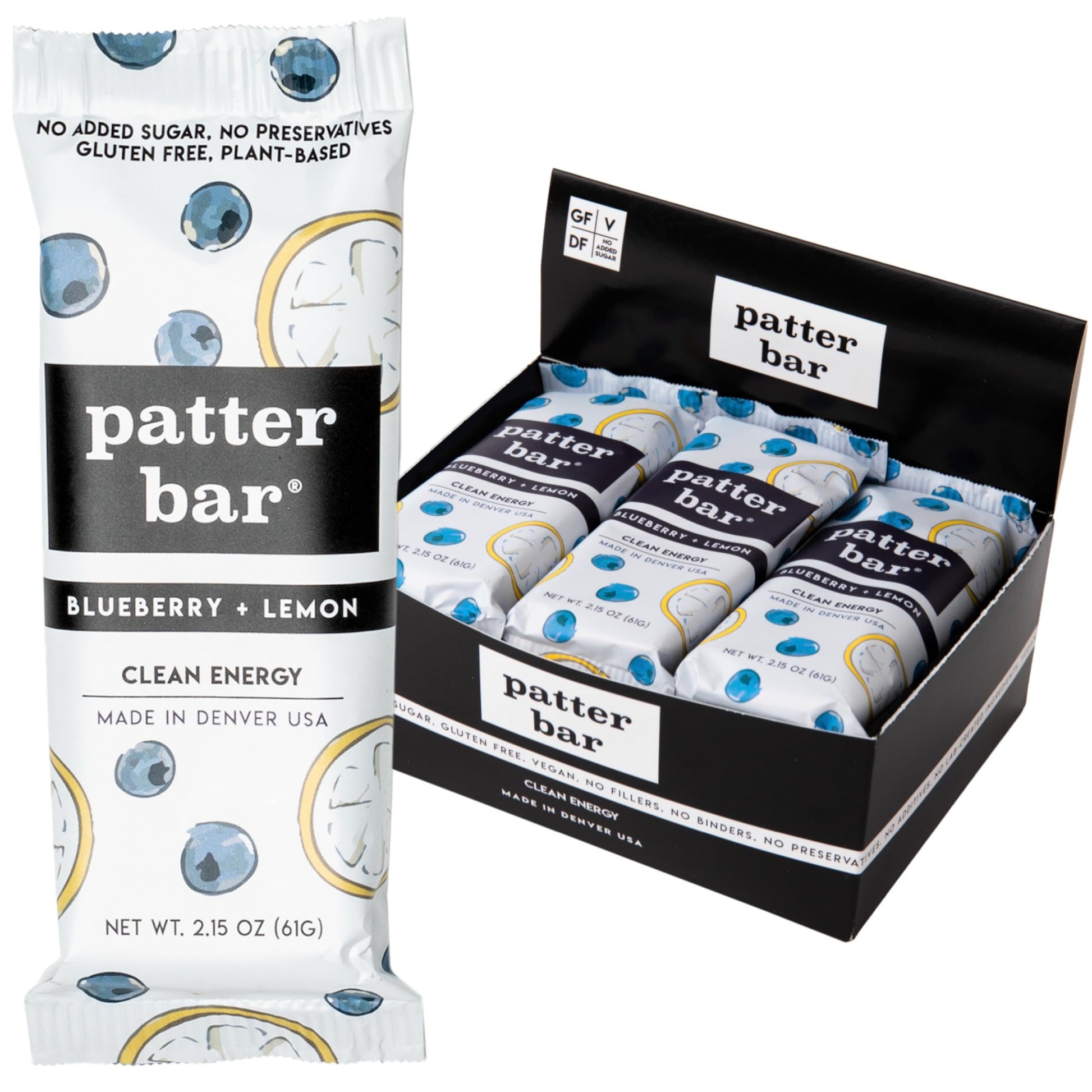 Patter Bar Energy Bars - Gluten Free, Vegan, 100% Whole Foods, Blueberry Lemon, 12-Pack