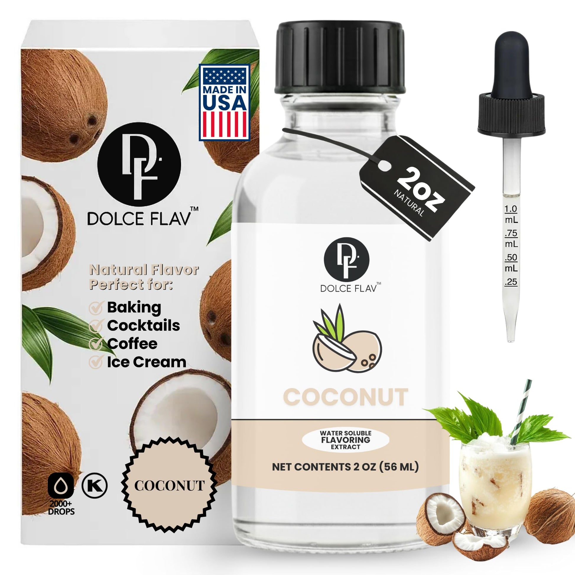 Dolce Flav Natural Coconut Extract – 2 Ounce Water-Soluble Kosher, Sugar-Free, Concentrated Tropical Coconut Flavoring For Baking, Beverages & Desserts, Includes Measured Dropper