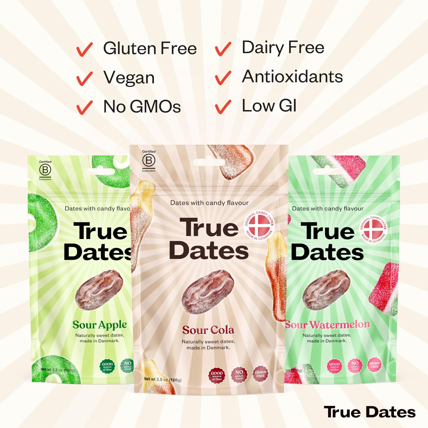 True Dates Candy Dates, Sour Flavor Variety, Vegan, Gluten Free, 3-3.5 Ounce Bags (Sour Apple, Sour Cola, Sour Watermelon)