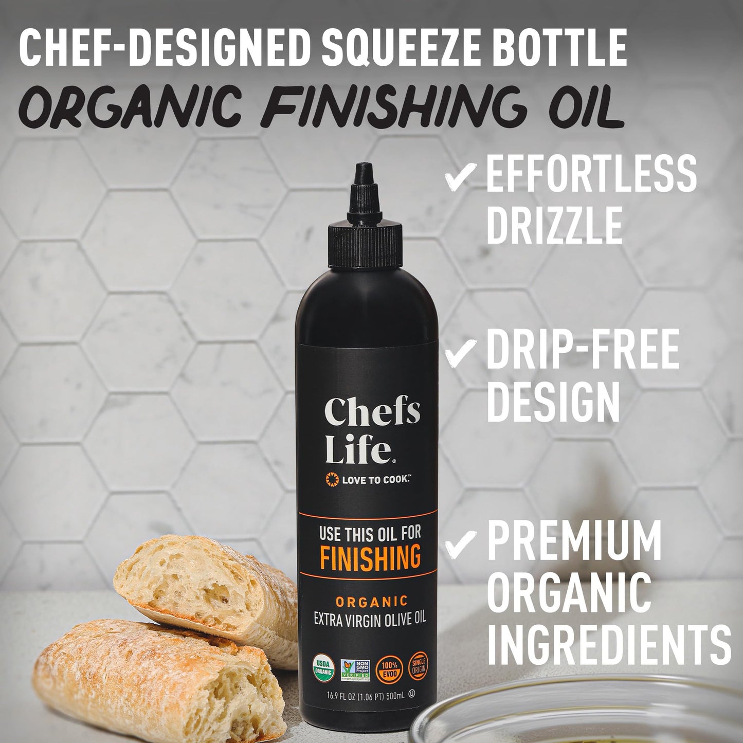 Chefs Life Organic Finishing Oil - 100% Extra Virgin Olive Oil, Organic Olive Oil, Evoo, Perfect For Dressing, Pure, Single Origin, Non Gmo - 16.9 Fl Oz Squeezable Bottle (1 Pack)