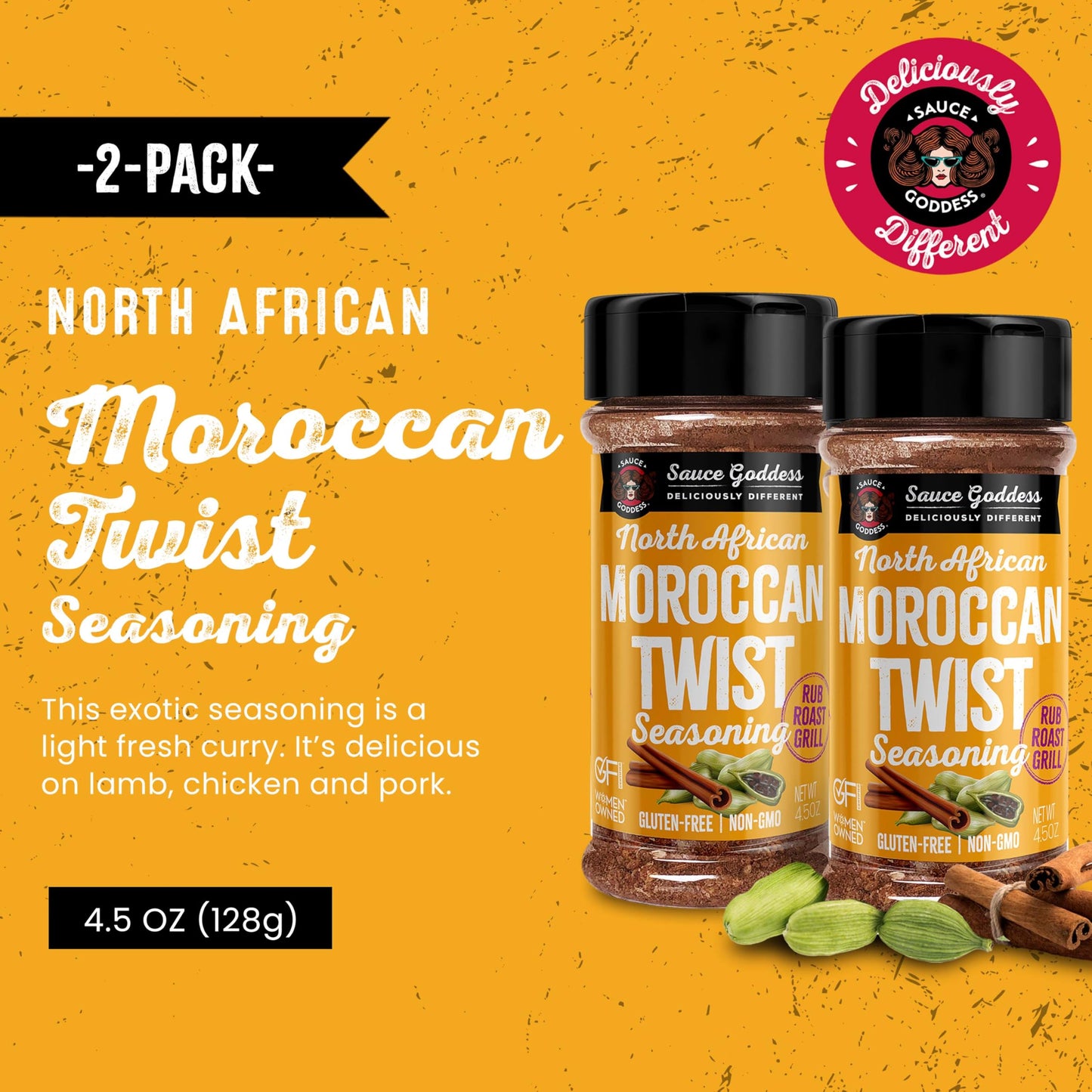 Sauce Goddess Moroccan Twist Spice Shaker - Exotic Blend with Cardamom & Cinnamon - 4.5oz (2 Pack) - Gluten-Free, Vegan, Low Sodium