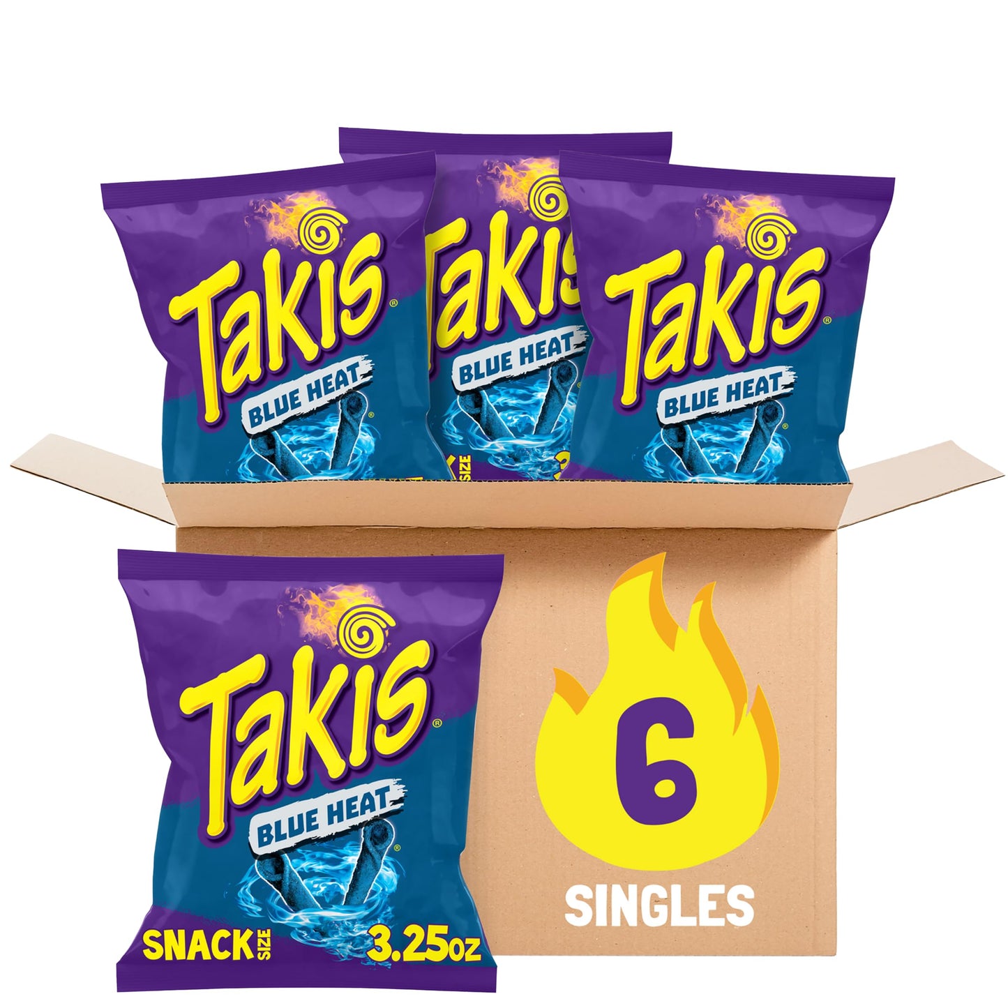Takis Blue Heat Rolled Tortilla Chips, Hot Chili Pepper Flavor, Snack Size Case, 3.25 oz (Pack of 6)