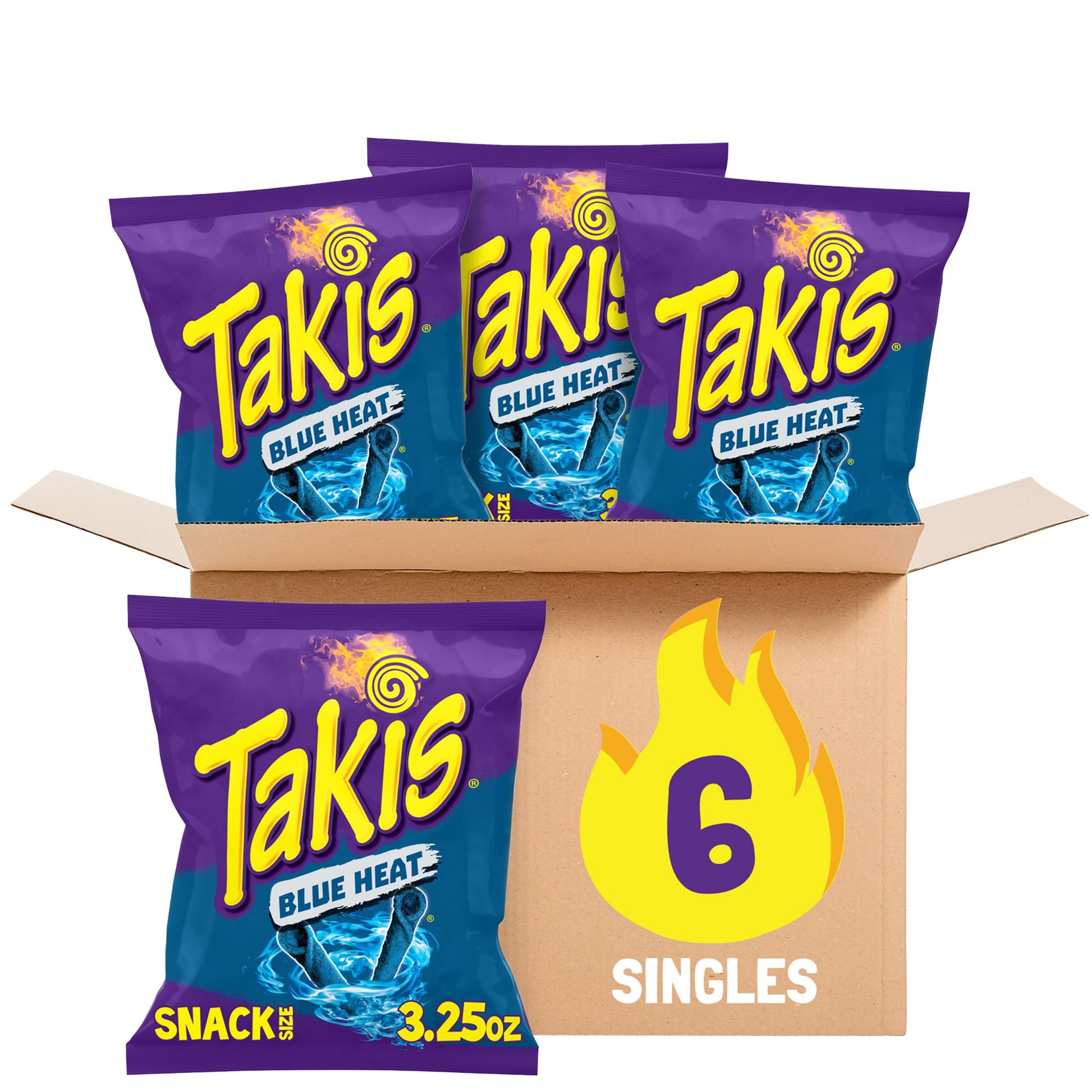 Takis Blue Heat Rolled Tortilla Chips, Hot Chili Pepper Flavor, Snack Size Case, 3.25 oz (Pack of 6)