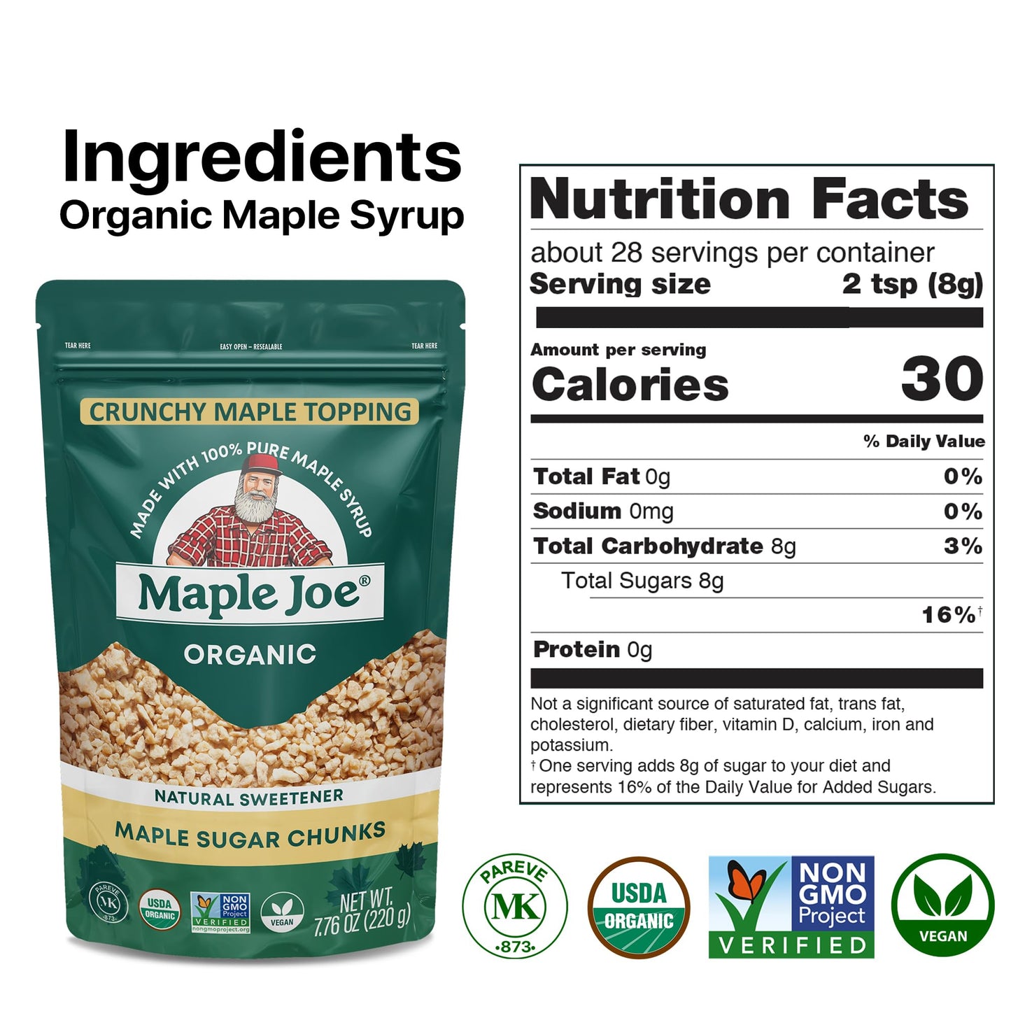 Maple Joe Organic Maple Sugar Sprinkles, Maple Flakes Made With Canadian 100% Pure Maple Syrup. Delicious With Coffee, Ice Cream, Yogurt & More Maple Sugar Granulated Chips Maple Chunks 7.8 Oz