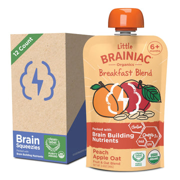 Little Brainiac Breakfast Blend Organic Fruit & Oat Toddler Pouches, Peach Apple Oat with Omega-3s DHA/EPA and Choline, Clean La