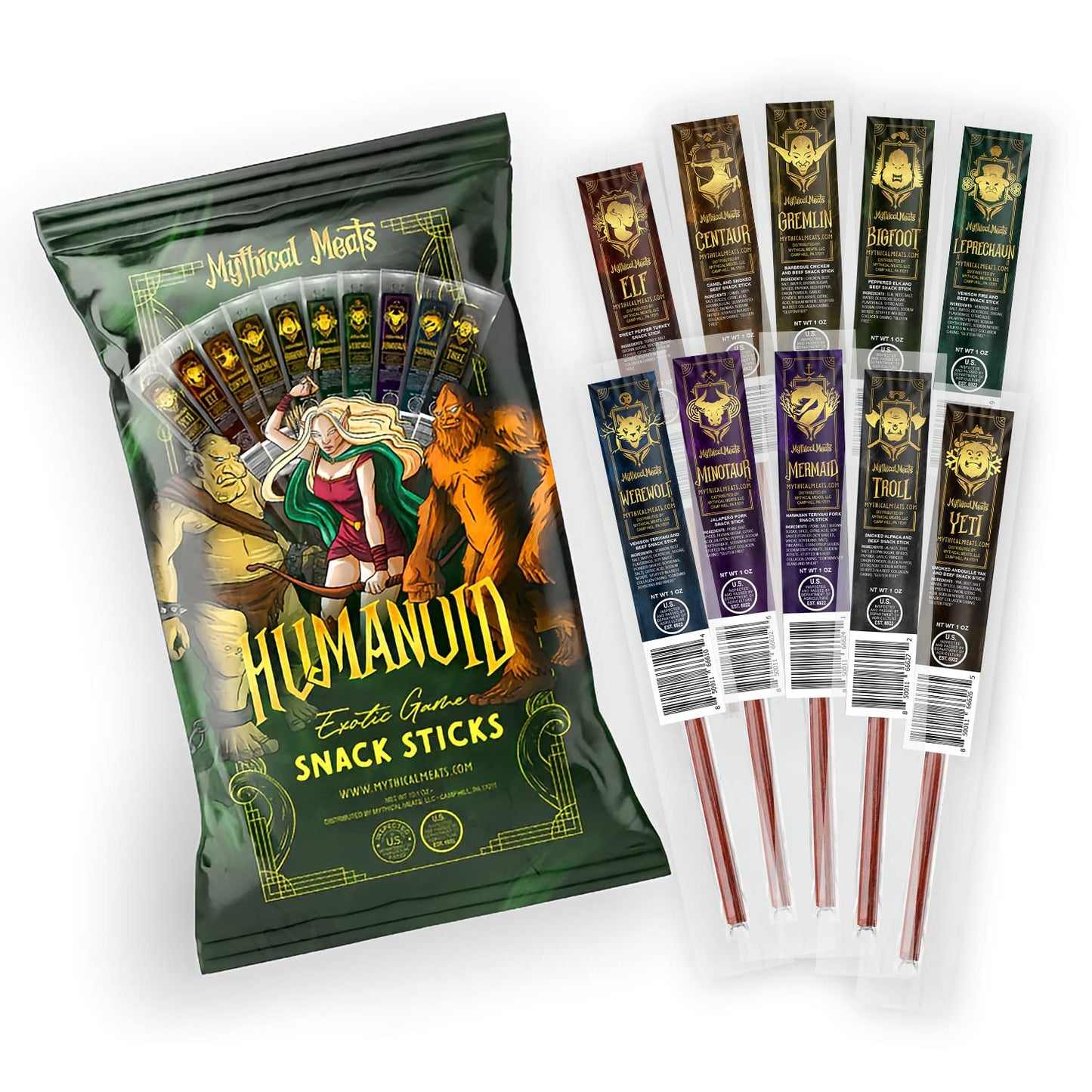 Mythical Meats Humanoid Exotic Game & Beef Sticks - Individually Wrapped Beef Jerky Sticks - Keto Friendly High Protein Meat Sna