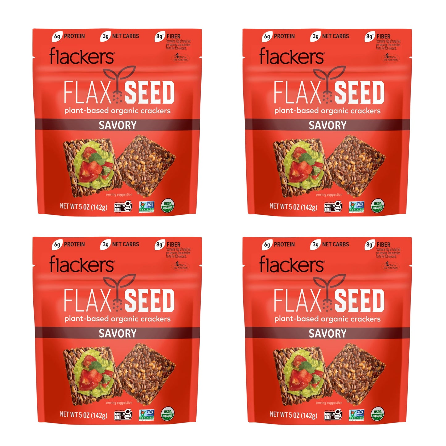 Flackers Organic Flaxseed Crackers, Gluten Free, Vegan, 8g Fiber, 3g Net Carbs, 5 Ounce (Pack of 4)