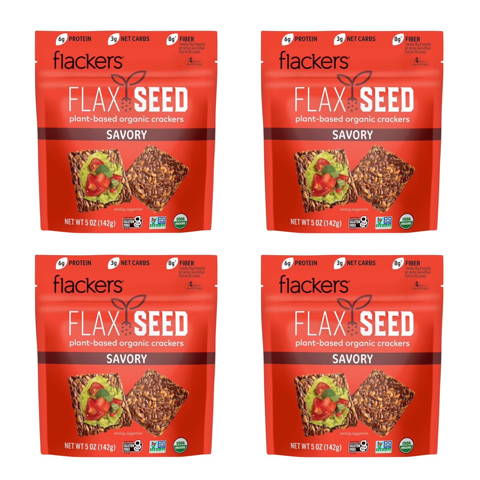 Flackers Organic Flaxseed Crackers, Gluten Free, Vegan, 8g Fiber, 3g Net Carbs, 5 Ounce (Pack of 4)