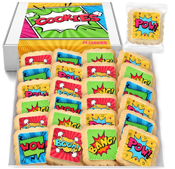 Superhero Cookies 24 Pack | Bulk Party Favors Birthday Party | Pow Boom Bang Wow