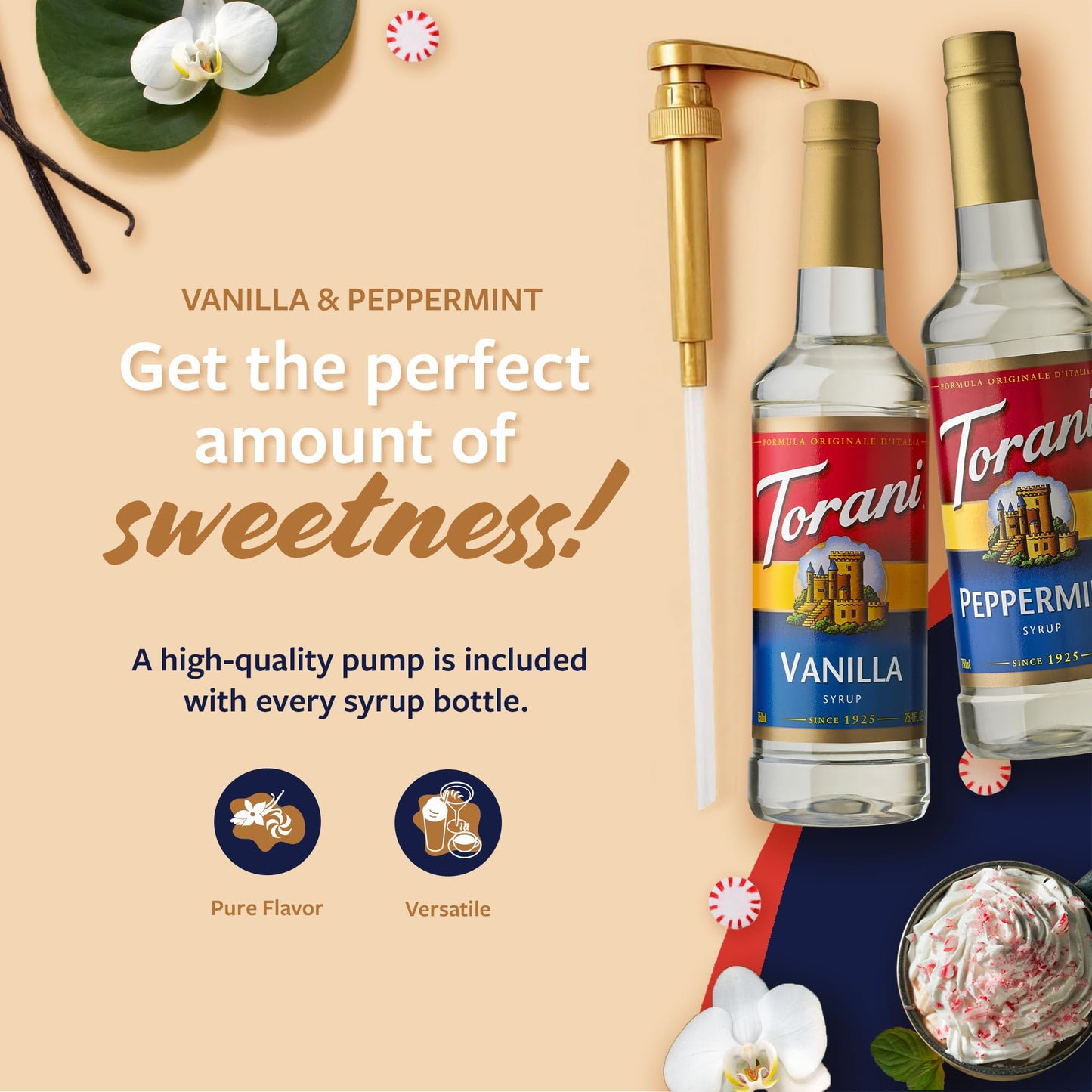 Torani Syrups, Peppermint And Vanilla Syrup Variety 2-Pack, Coffee Syrups For Drinks, Pumps Included, 25.4 Fl Oz Ea