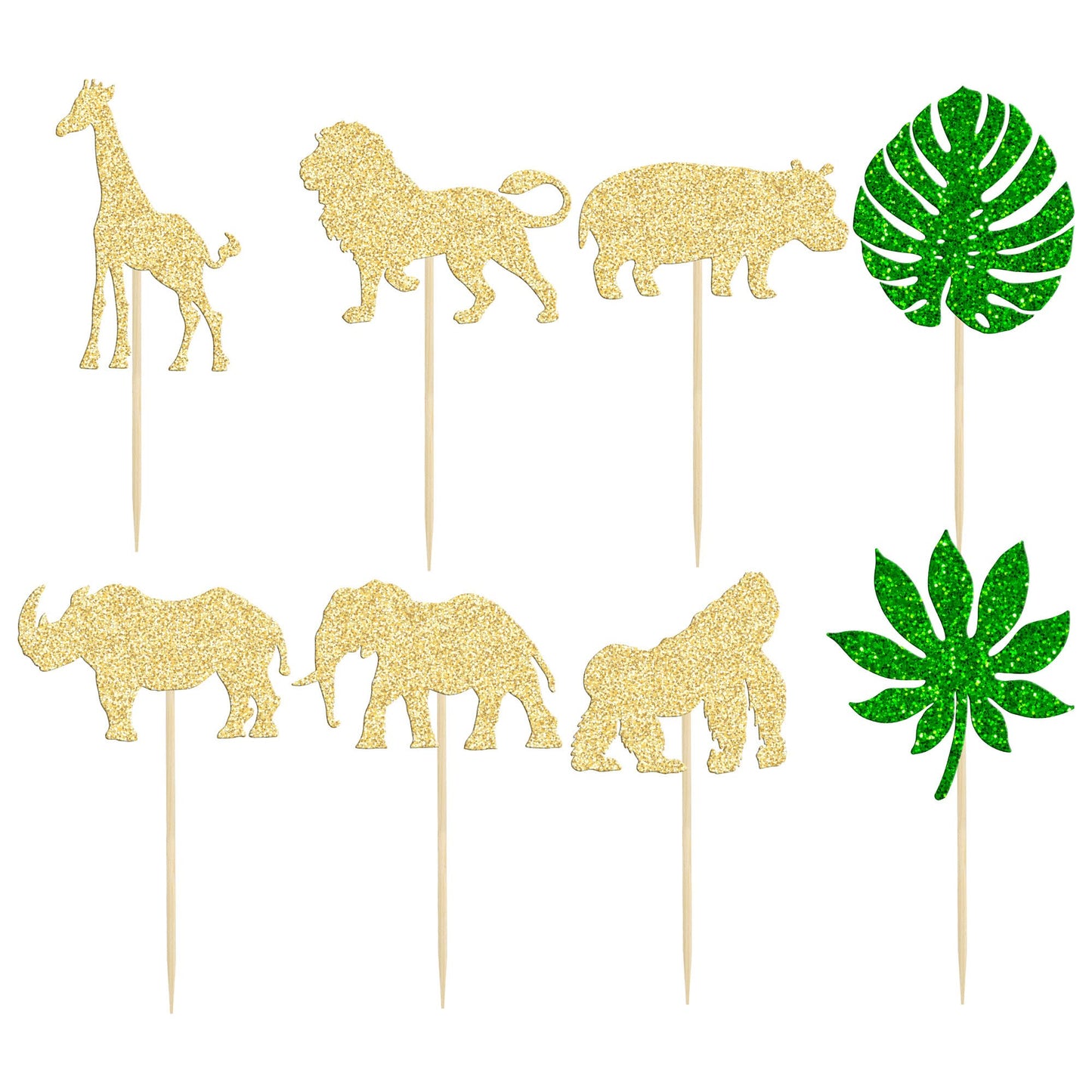 Gyufise 24Pcs Gold Jungle Safari Animal Cupcake Toppers Green Leaf Safari Jungle Wild Animals Cupcake Picks For Jungle Theme Bab