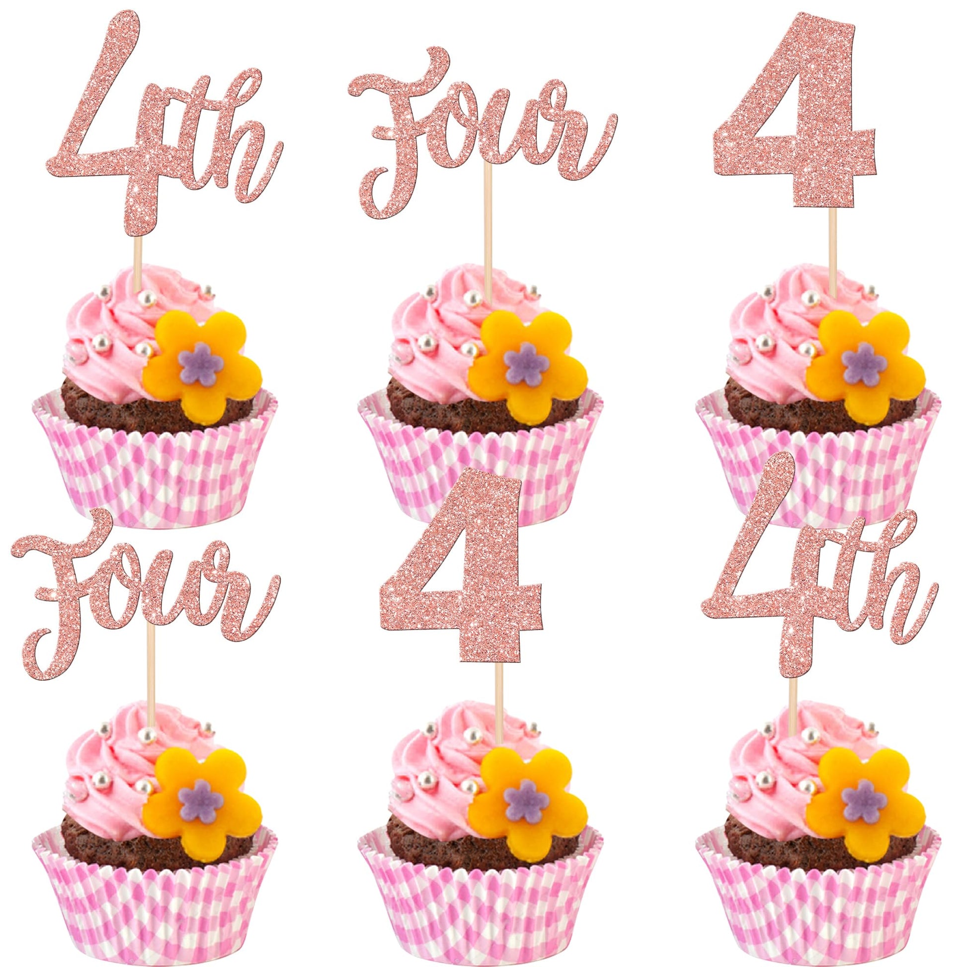 24 PCS Four Cupcake Toppers Glitter 4th Birthday Cupcake Picks Number 4 Cupcake Decorations for Baby Shower Kids 4th Birthday An