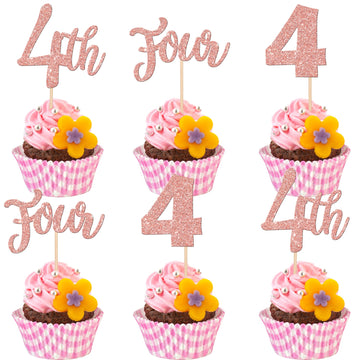 24 PCS Four Cupcake Toppers Glitter 4th Birthday Cupcake Picks Number 4 Cupcake Decorations for Baby Shower Kids 4th Birthday An
