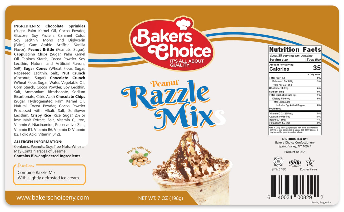 Peanut Razzle Crunch Topping - Chocolate, Caramel, Butterscotch And Peanut Mix - Sprinkles For Ice Cream Sundae Toppings - 7 Oz. - Dairy Free, Kosher - Baker’S Choice