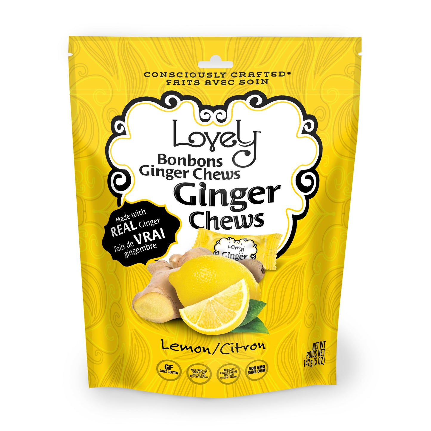 Lovely Candy Co. Lemon Ginger Chews, Made with Real Ginger, Individually Wrapped, 5oz (1-Pack) | Gluten-Free, Non-GMO, NO Artifi