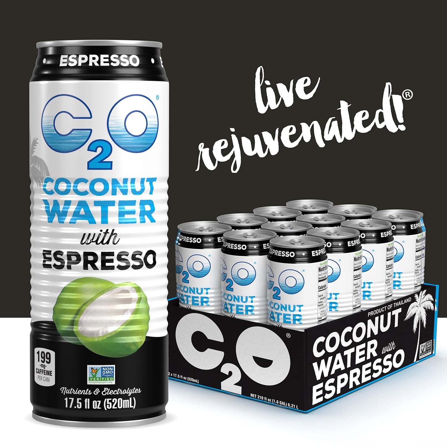 C2O Pure Coconut Water With Espresso | Plant Based | Non-Gmo | Dairy Free | Essential Electrolytes | 17.5 Fl Oz (Pack Of 12)