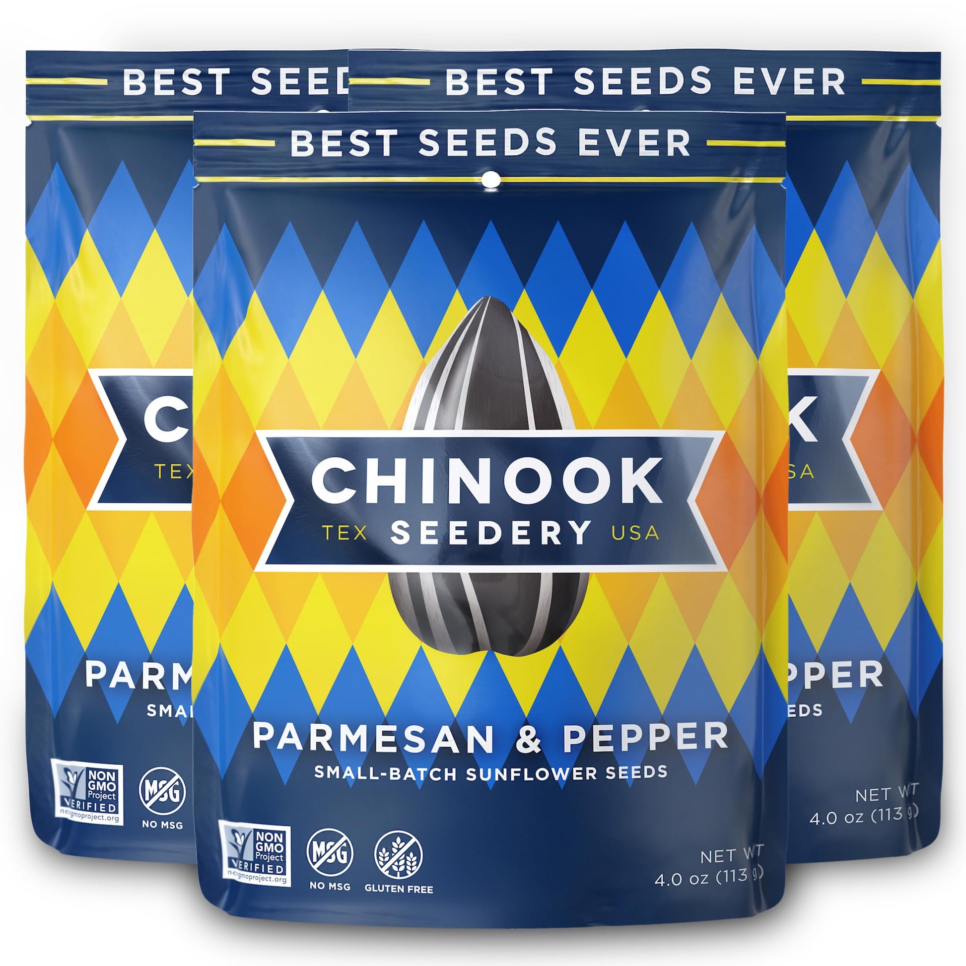 Chinook Seedery Roasted Sunflower Seeds - Jumbo Seeds Keto Snacks - Best For Snack Packs - Gluten Free, Non Gmo Snack Food Gifts - 4 Ounce (Pack Of 3) - Parmesan & Pepper Flavor Pack