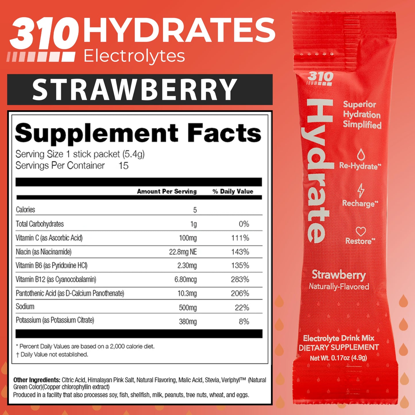 310 Nutrition Sugar Free Electrolytes Powder - Caffeine-Free Hydration Drink Mix, Strawberry Flavor, 15 Packets, Keto Friendly, Low Calorie