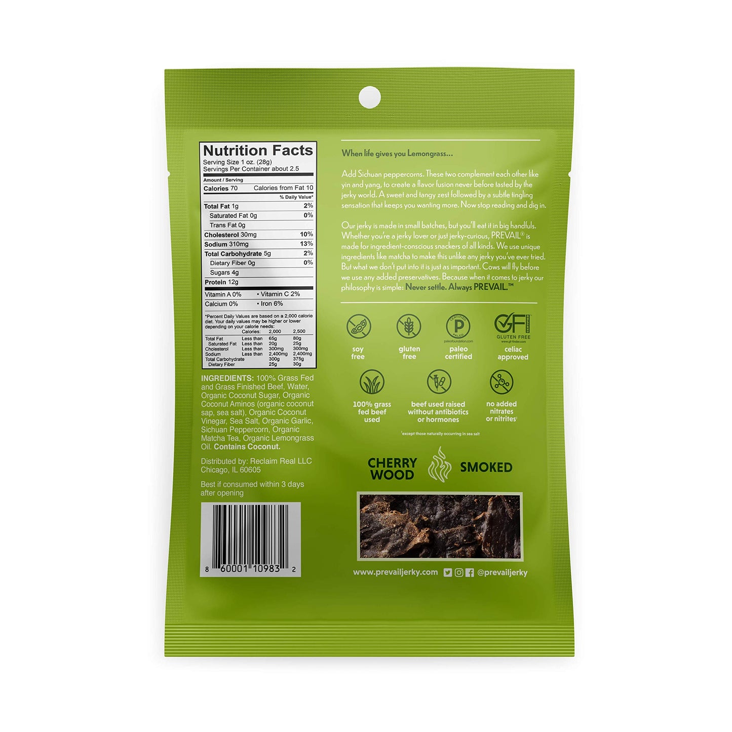 Prevail - Jerky Beef Lemongrass - Case of 8-2.25 OZ (8x2.25 OZ)